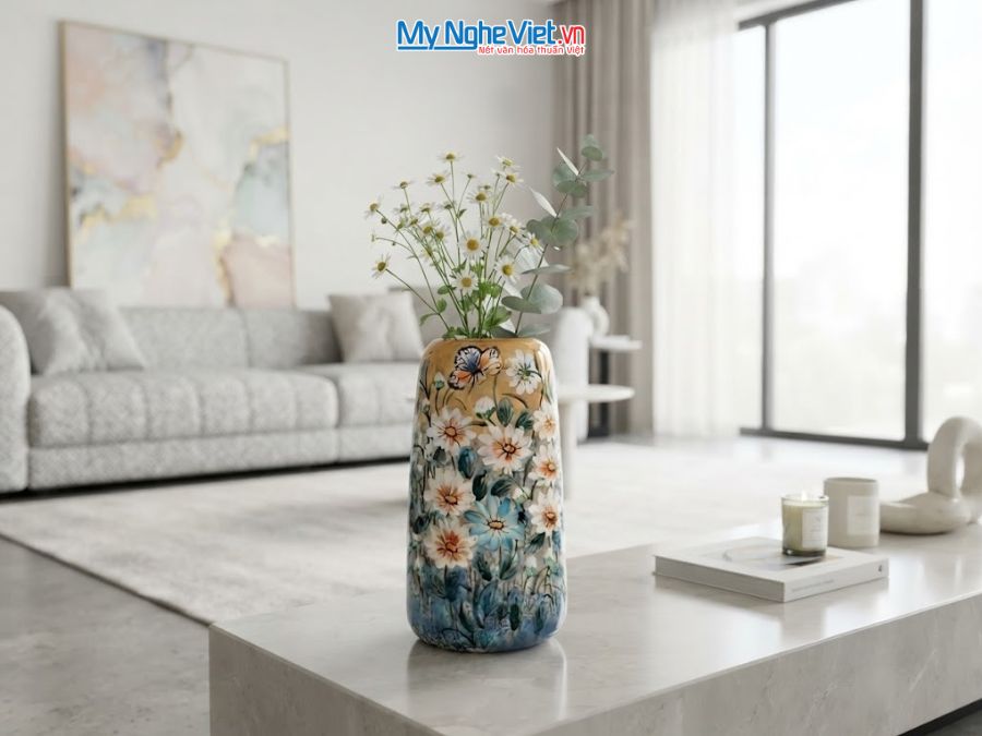 Bình Hoa Gốm Bát Tràng Vẽ Hoa Cúc H27cm LHGH004.16