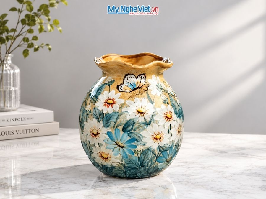 Bình Hoa Gốm Bát Tràng Vẽ Hoa Cúc H18cm LHGH004.13