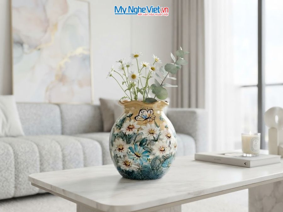 Bình Hoa Gốm Bát Tràng Vẽ Hoa Cúc H18cm LHGH004.13