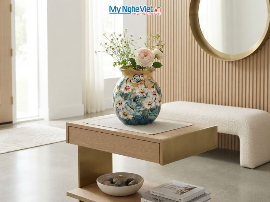 Bình Hoa Gốm Bát Tràng Vẽ Hoa Cúc H18cm LHGH004.13
