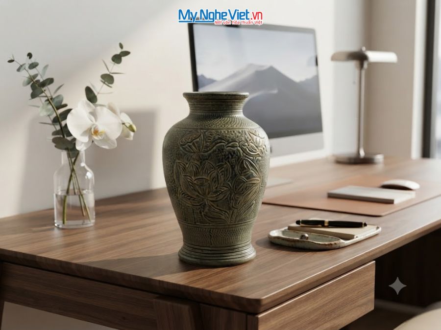 Bình Hoa Gốm Khắc Hoa Sen Men Xanh H30cm MNV-LHGLH01