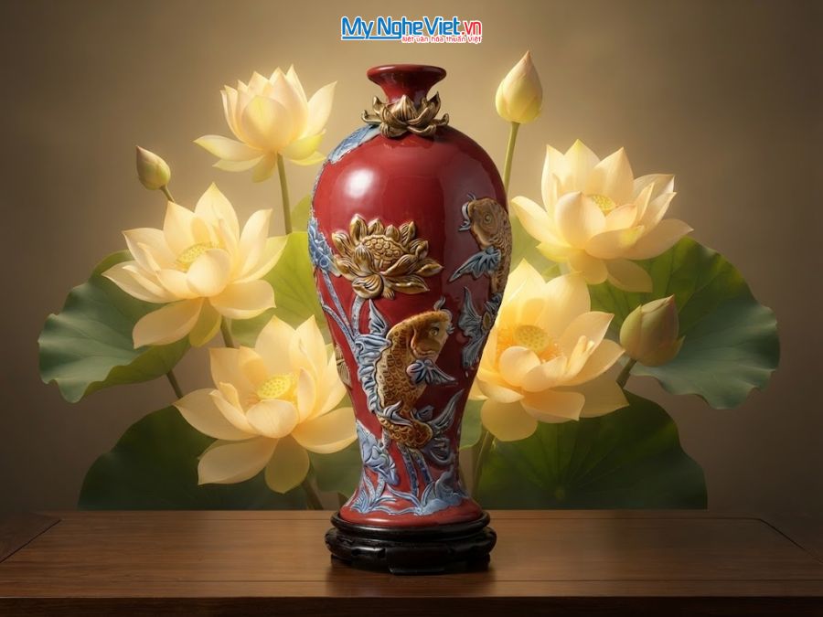 Lộc Bình Cá Chép Hoa Sen Men Đỏ Đắp Nổi H42cm LHGVH42/2