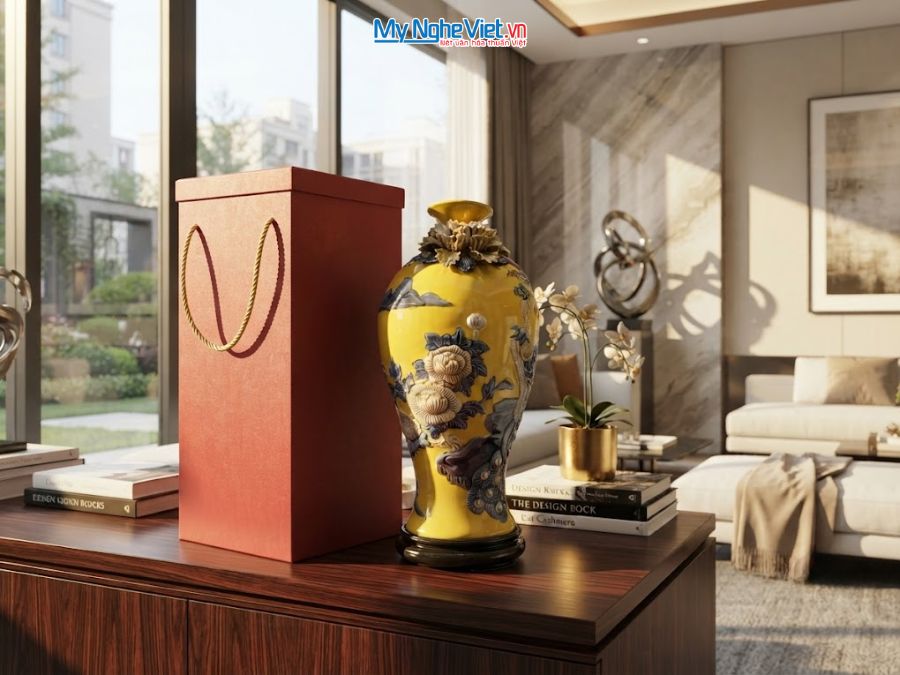 Lộc Bình Chim Công Men Vàng Đắp Nổi H42cm LHGVH42/1