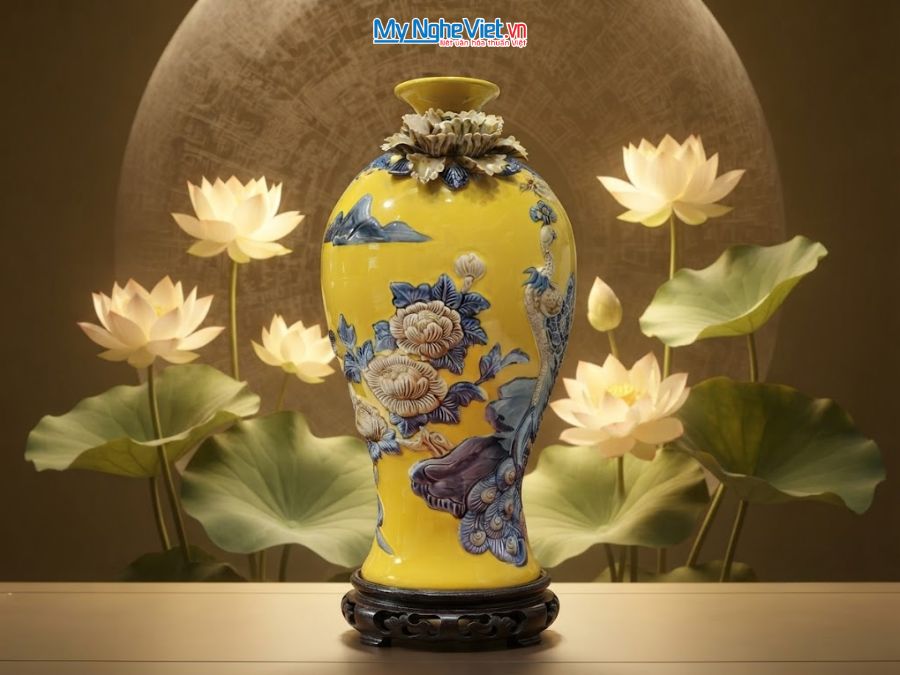 Lộc Bình Chim Công Men Vàng Đắp Nổi H42cm LHGVH42/1