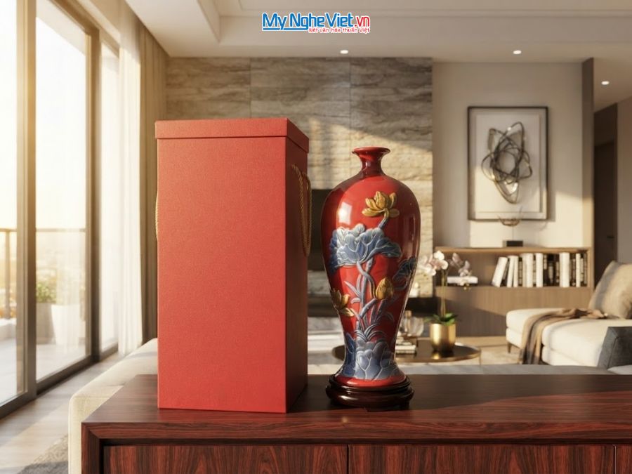 Lộc Bình Cá Chép Hoa Sen Men Đỏ Đắp Nổi H42cm LHGVH42/2