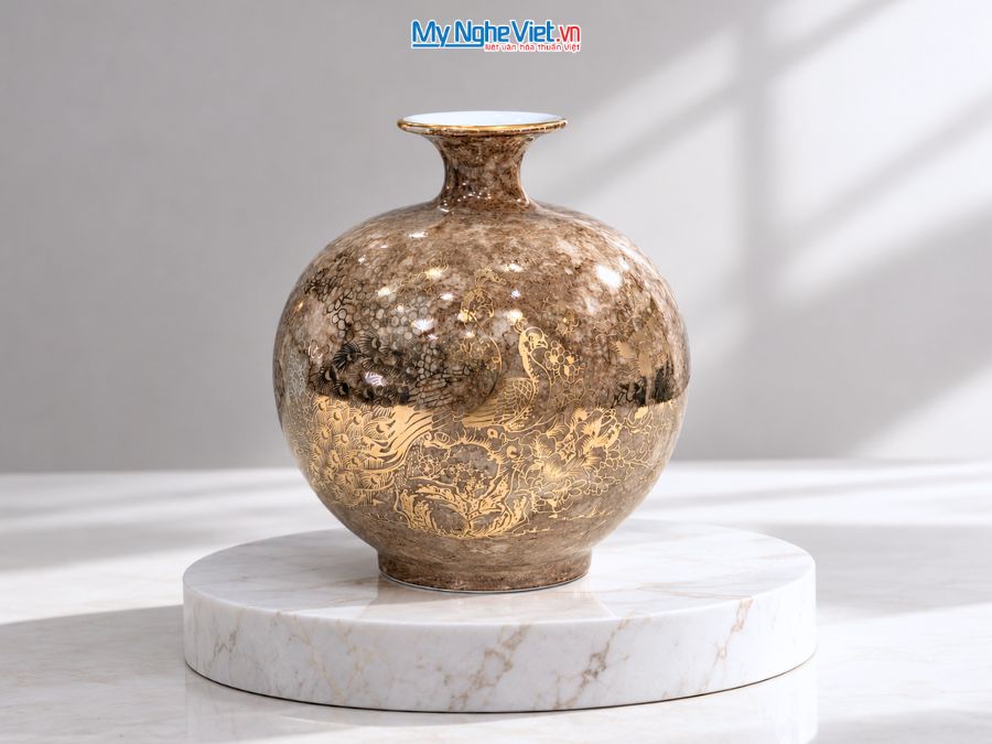Bình Hút Tài Lộc Chim Công Hoa Sen Men Vân Đá Nâu H22cm MNV-VBT22/8
