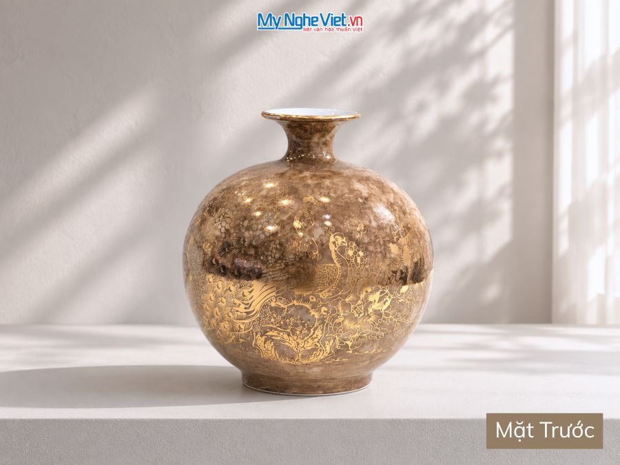 Bình Hút Tài Lộc Chim Công Hoa Sen Men Vân Đá Nâu H22cm MNV-VBT22/8