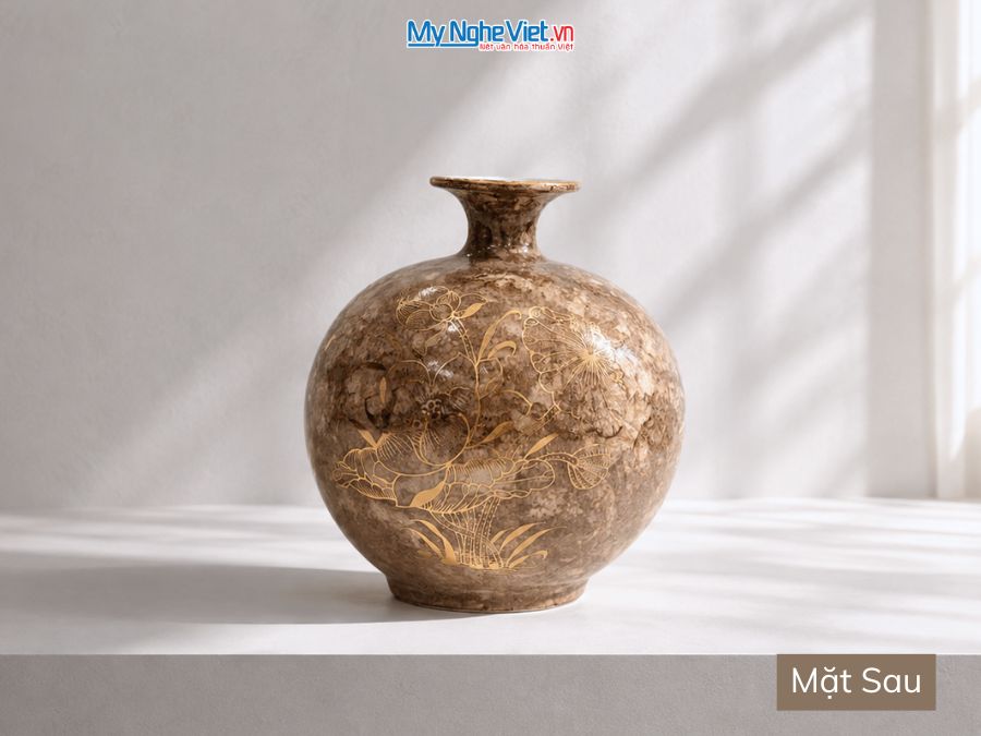 Bình Hút Tài Lộc Chim Công Hoa Sen Men Vân Đá Nâu H22cm MNV-VBT22/8