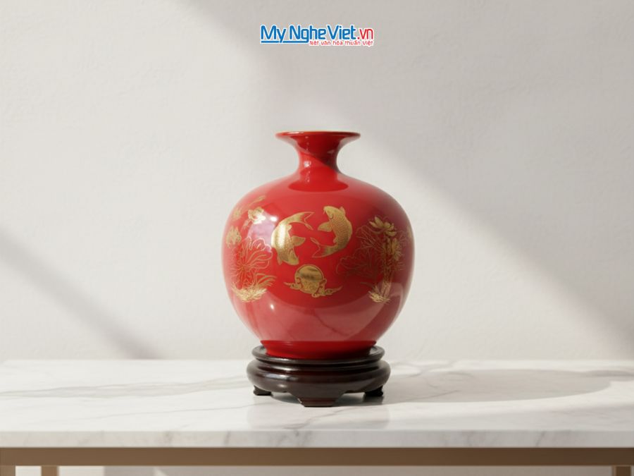 Bình Hút Tài Lộc Chữ Phúc Cá Sen Vẽ Vàng Kim Nền Đỏ H22cm MNV-HBT22/7.4
