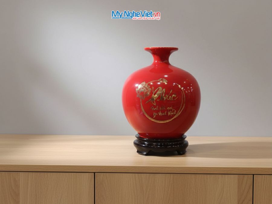 Bình Hút Tài Lộc Chữ Phúc Cá Sen Vẽ Vàng Kim Nền Đỏ H22cm MNV-HBT22/7.4