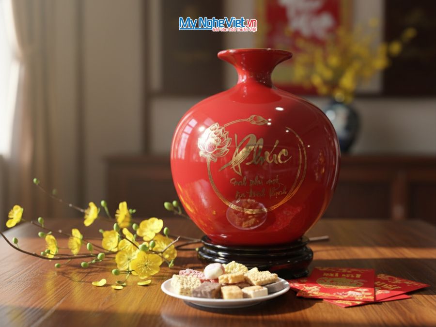 Bình Hút Tài Lộc Chữ Phúc Cá Sen Vẽ Vàng Kim Nền Đỏ H22cm MNV-HBT22/7.4
