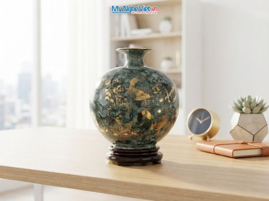 Bình Hút Tài Lộc Chữ Tài Lộc Men Vân Đá Xám H22cm MNV-VBT25/22.1