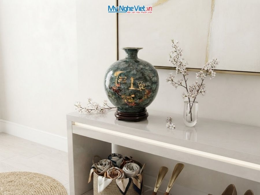 Bình Hút Tài Lộc Chữ Tài Lộc Men Vân Đá Xám H22cm MNV-VBT25/22.1