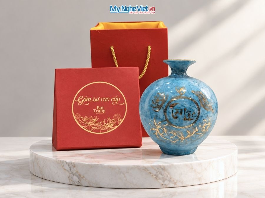 Bình Hút Tài Lộc Chữ Tài Lộc Men Vân Đá Xanh H25cm MNV-VBT22/2-1.25.1