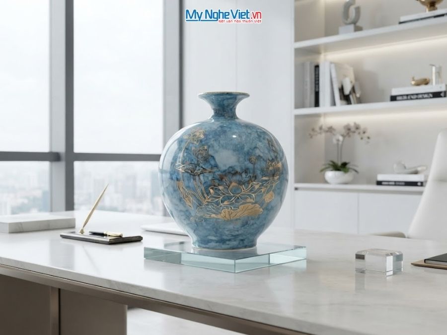 Bình Hút Tài Lộc Chữ Tài Lộc Men Vân Đá Xanh H25cm MNV-VBT22/2-1.25.1