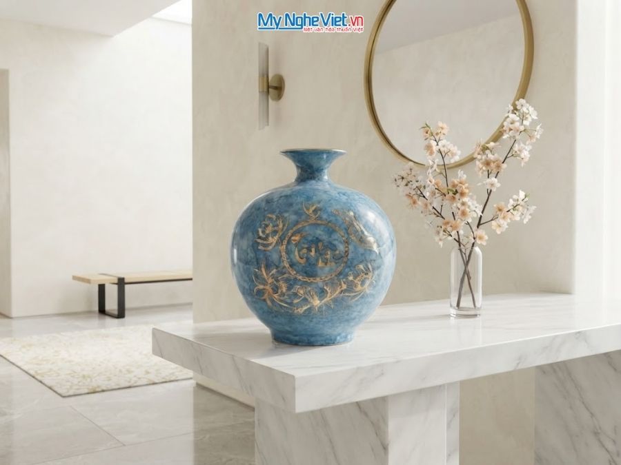 Bình Hút Tài Lộc Chữ Tài Lộc Men Vân Đá Xanh H25cm MNV-VBT22/2-1.25.1