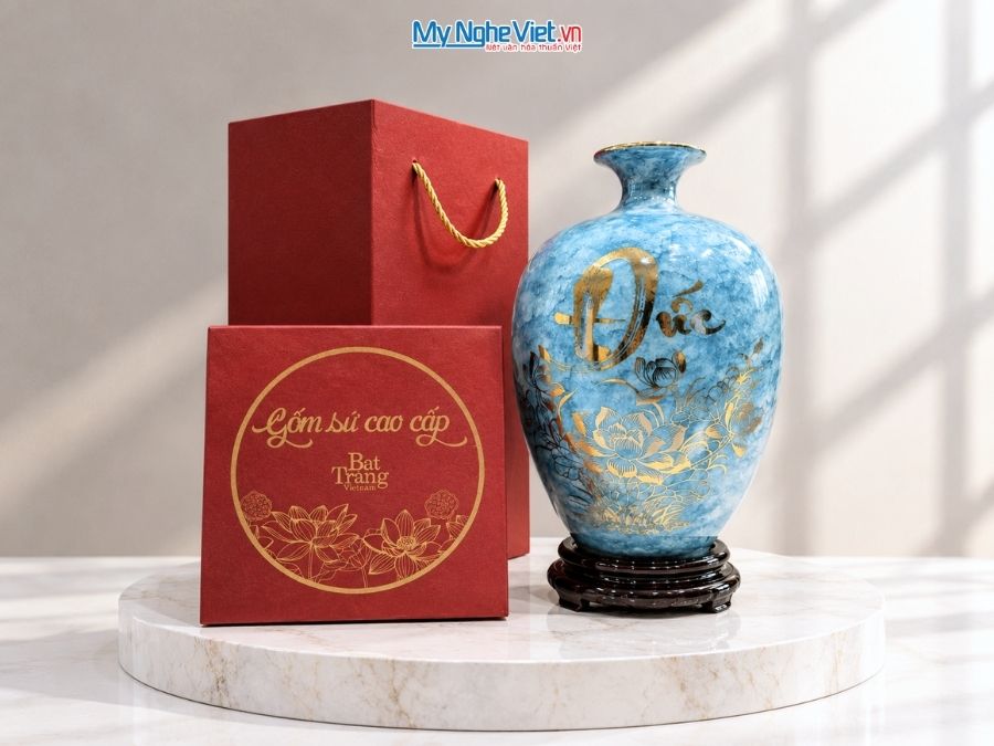 Bình Hút Tài Lộc Dáng Cao Chữ Phúc Đức Men Vân Đá Xanh H30cm LHGML02-3
