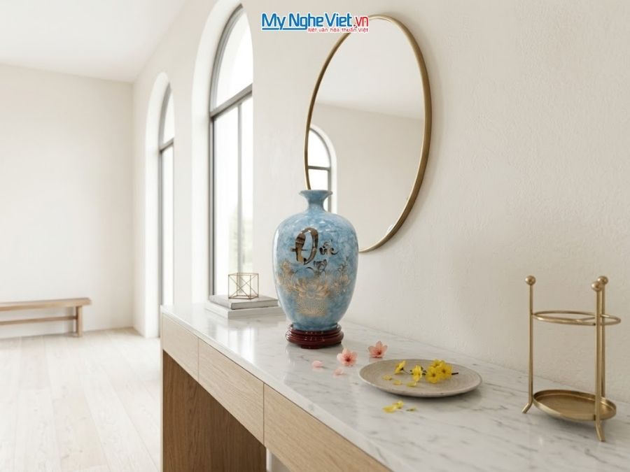 Bình Hút Tài Lộc Dáng Cao Chữ Phúc Đức Men Vân Đá Xanh H30cm LHGML02-3
