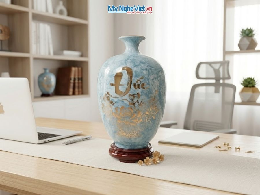 Bình Hút Tài Lộc Dáng Cao Chữ Phúc Đức Men Vân Đá Xanh H30cm LHGML02-3