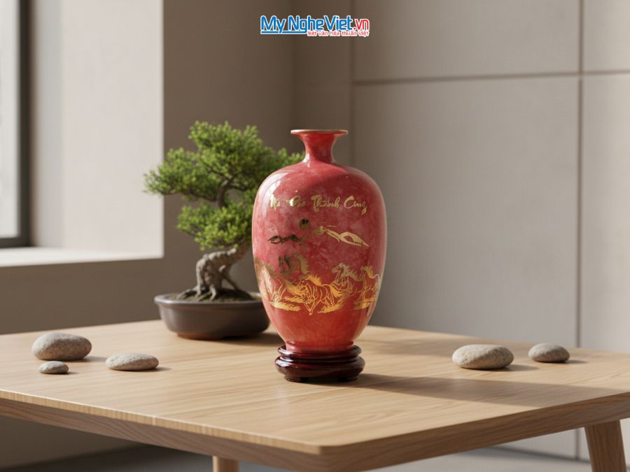 Bình Hút Tài Lộc Dáng Cao Mã Đáo Thành Công Vân Đá Đỏ Hồng H30cm LHGML02-3.1