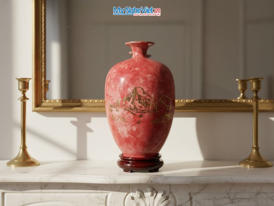 Bình Hút Tài Lộc Dáng Cao Mã Đáo Thành Công Vân Đá Đỏ Hồng H30cm LHGML02-3.1