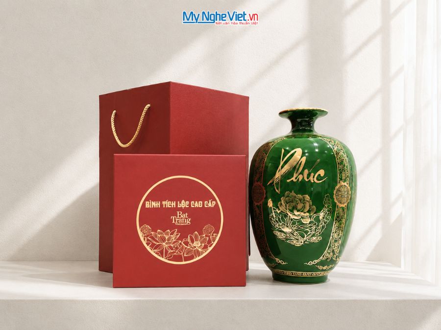 Bình Hút Tài Lộc Dáng Cao Phúc Đức Tài Lộc Nền Xanh Lục H40cm LHGML03-3