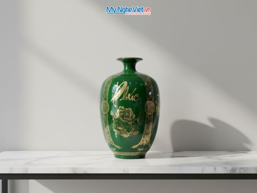 Bình Hút Tài Lộc Dáng Cao Phúc Đức Tài Lộc Nền Xanh Lục H40cm LHGML03-3
