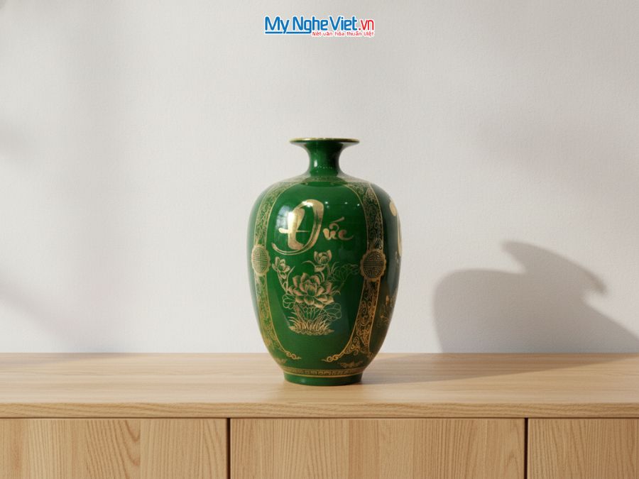 Bình Hút Tài Lộc Dáng Cao Phúc Đức Tài Lộc Nền Xanh Lục H40cm LHGML03-3