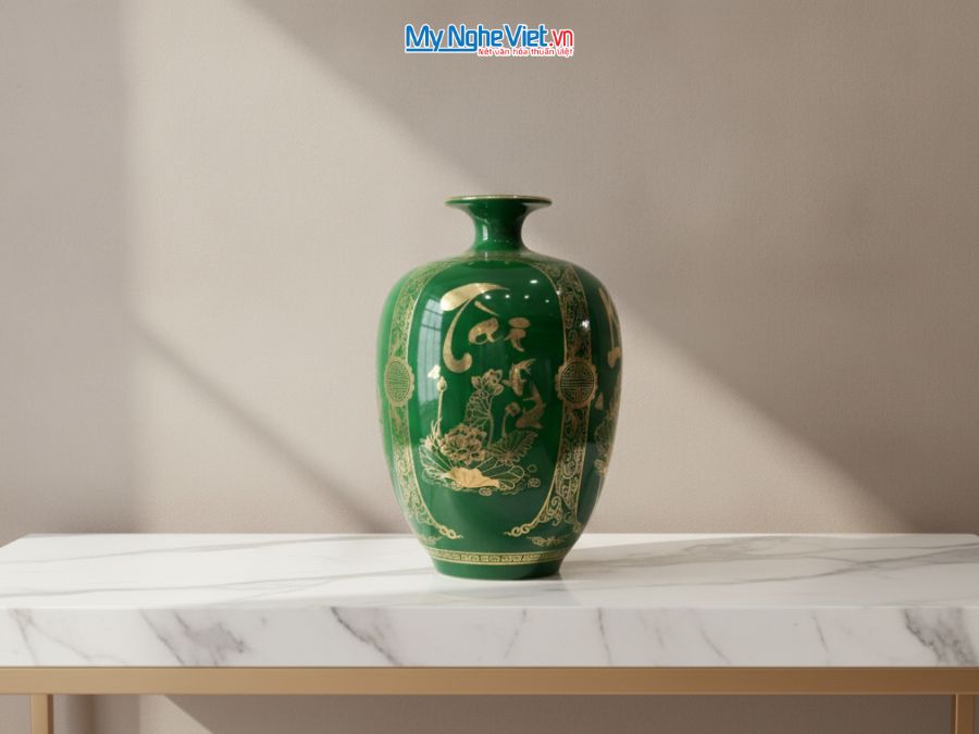 Bình Hút Tài Lộc Dáng Cao Phúc Đức Tài Lộc Nền Xanh Lục H40cm LHGML03-3