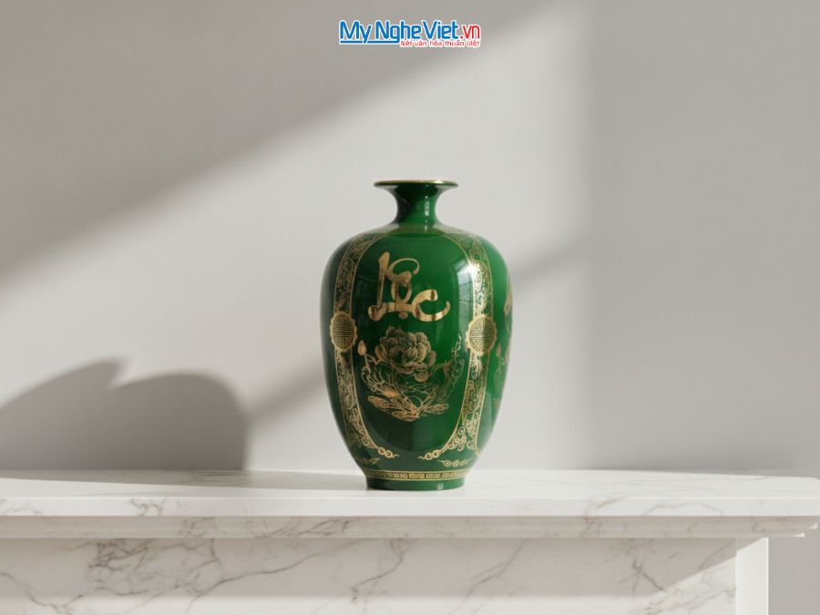 Bình Hút Tài Lộc Dáng Cao Phúc Đức Tài Lộc Nền Xanh Lục H40cm LHGML03-3