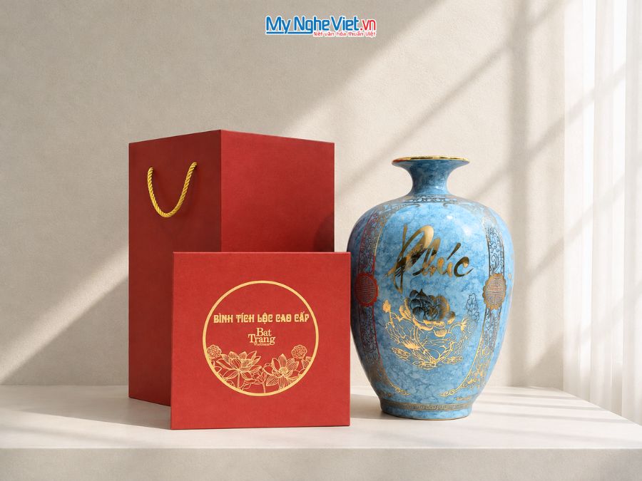 Bình Hút Tài Lộc Dáng Cao Phúc Đức Tài Lộc Nền Xanh Vân Đá H40cm LHGML03-1