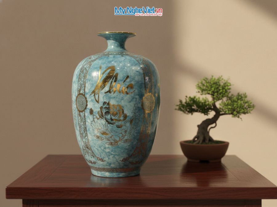 Bình Hút Tài Lộc Dáng Cao Phúc Đức Tài Lộc Nền Xanh Vân Đá H40cm LHGML03-1