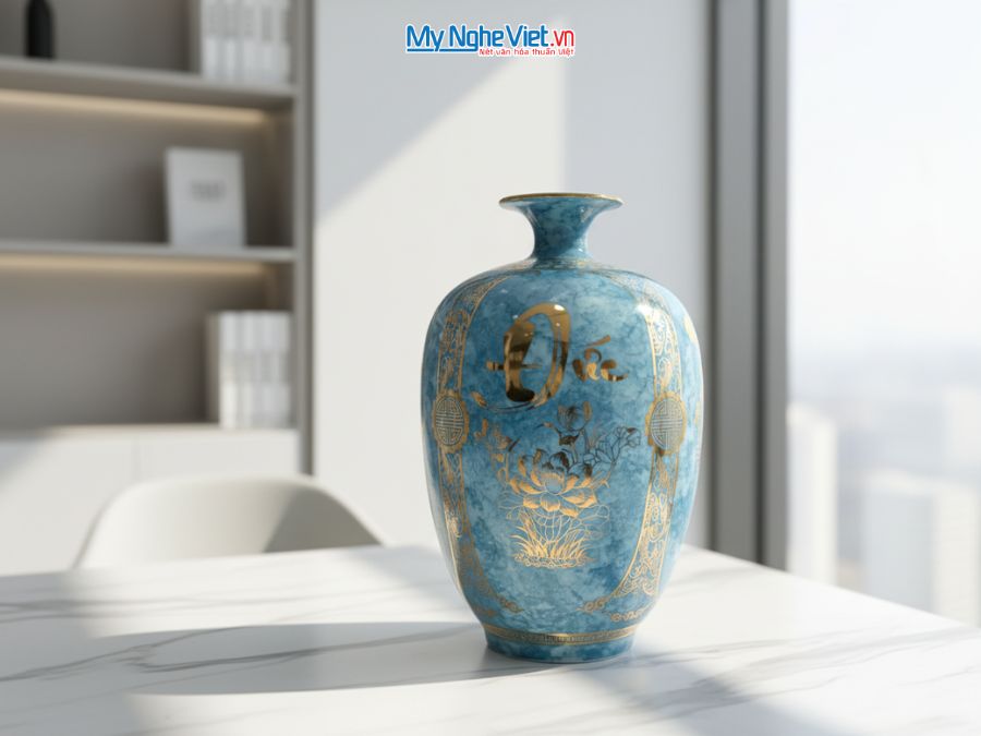 Bình Hút Tài Lộc Dáng Cao Phúc Đức Tài Lộc Nền Xanh Vân Đá H40cm LHGML03-1