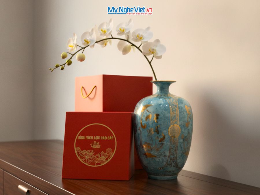 Bình Hút Tài Lộc Dáng Cao Phúc Đức Tài Lộc Nền Xanh Vân Đá H40cm LHGML03-1