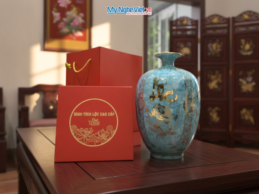 Bình Hút Tài Lộc Dáng Cao Phúc Đức Tài Lộc Nền Xanh Vân Đá H40cm LHGML03-1