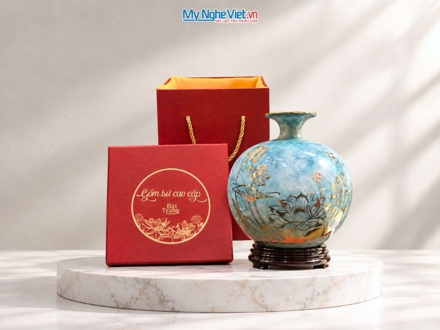 Bình Hút Tài Lộc Hoa Sen Men Vân Đá Xanh H22cm MNV-VBT22/5