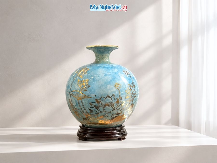 Bình Hút Tài Lộc Hoa Sen Men Vân Đá Xanh H22cm MNV-VBT22/5