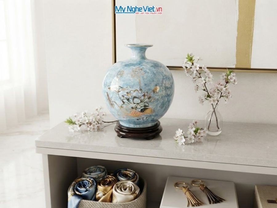Bình Hút Tài Lộc Hoa Sen Men Vân Đá Xanh H22cm MNV-VBT22/5