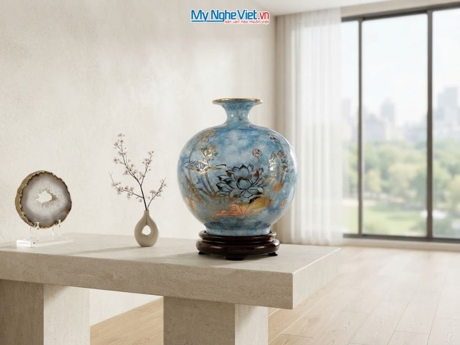 Bình Hút Tài Lộc Hoa Sen Men Vân Đá Xanh H22cm MNV-VBT22/5