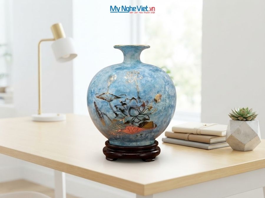 Bình Hút Tài Lộc Hoa Sen Men Vân Đá Xanh H22cm MNV-VBT22/5