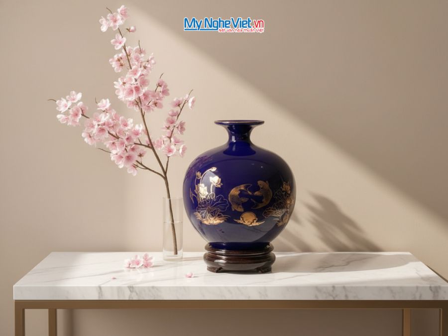 Bình Hút Tài Lộc Lý Ngư Vọng Nguyệt Vẽ Vàng Kim Nền Xanh Coban H22cm MNV-HBT22/7.2