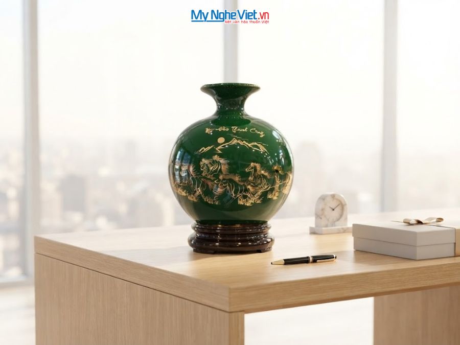Bình Hút Tài Lộc Mã Đáo Thành Công Nền Xanh H22cm MNV-HBT22/7.10