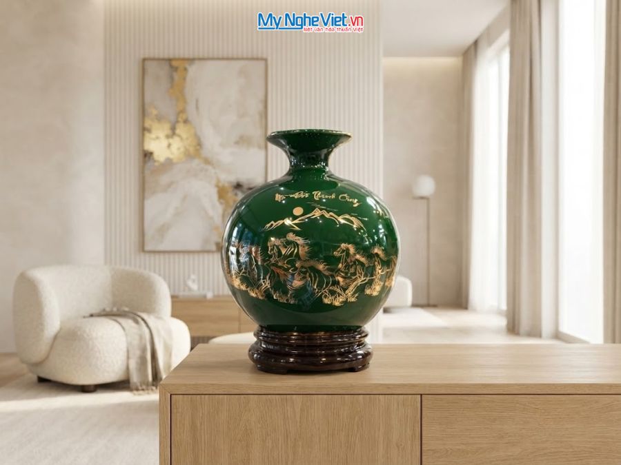 Bình Hút Tài Lộc Mã Đáo Thành Công Nền Xanh H22cm MNV-HBT22/7.10