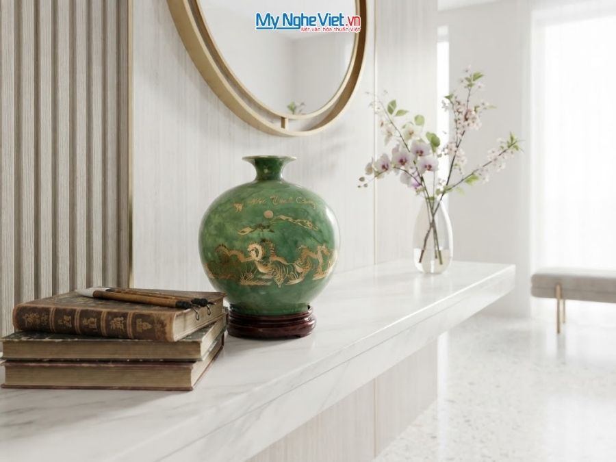 Bình Hút Tài Lộc Mã Đáo Thành Công Men Vân Đá Xanh H25cm MNV-VBT25/2.2