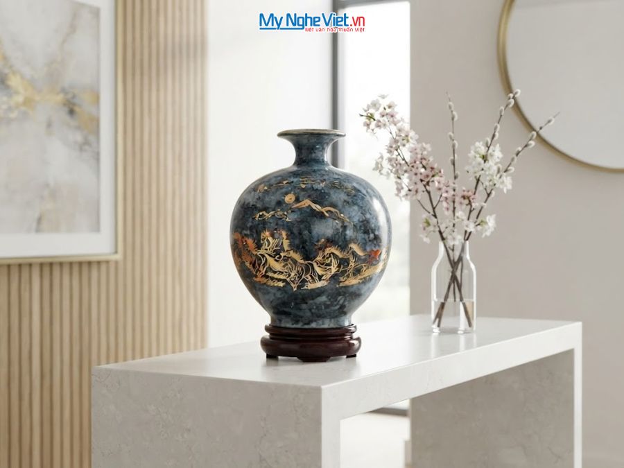 Bình Hút Tài Lộc Mã Đáo Thành Công Men Vân Đá Xám H22cm MNV-VBT22/3