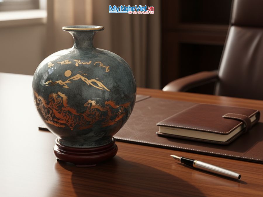 Bình Hút Tài Lộc Mã Đáo Thành Công Men Vân Đá Xám H22cm MNV-VBT22/3