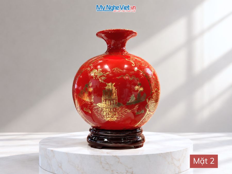 Bình Hút Tài Lộc Vẽ Tam Cảnh Hà Nội Nền Đỏ H22cm MNV-HBT22/4