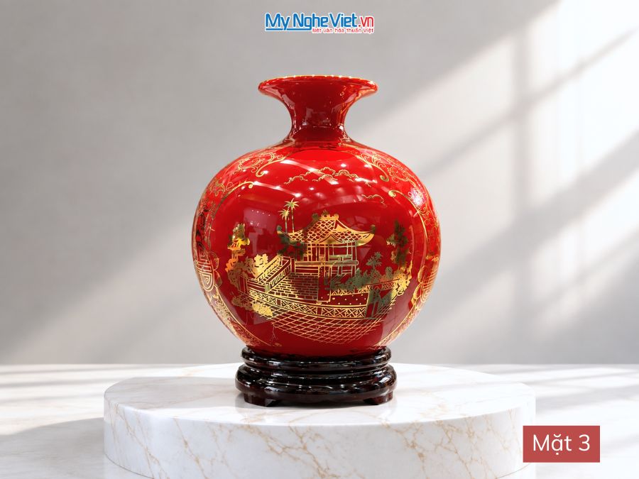 Bình Hút Tài Lộc Vẽ Tam Cảnh Hà Nội Nền Đỏ H22cm MNV-HBT22/4