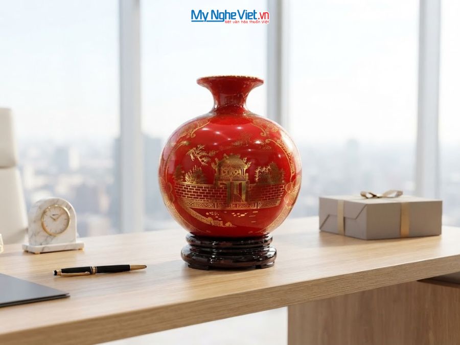 Bình Hút Tài Lộc Vẽ Tam Cảnh Hà Nội Nền Đỏ H22cm MNV-HBT22/4