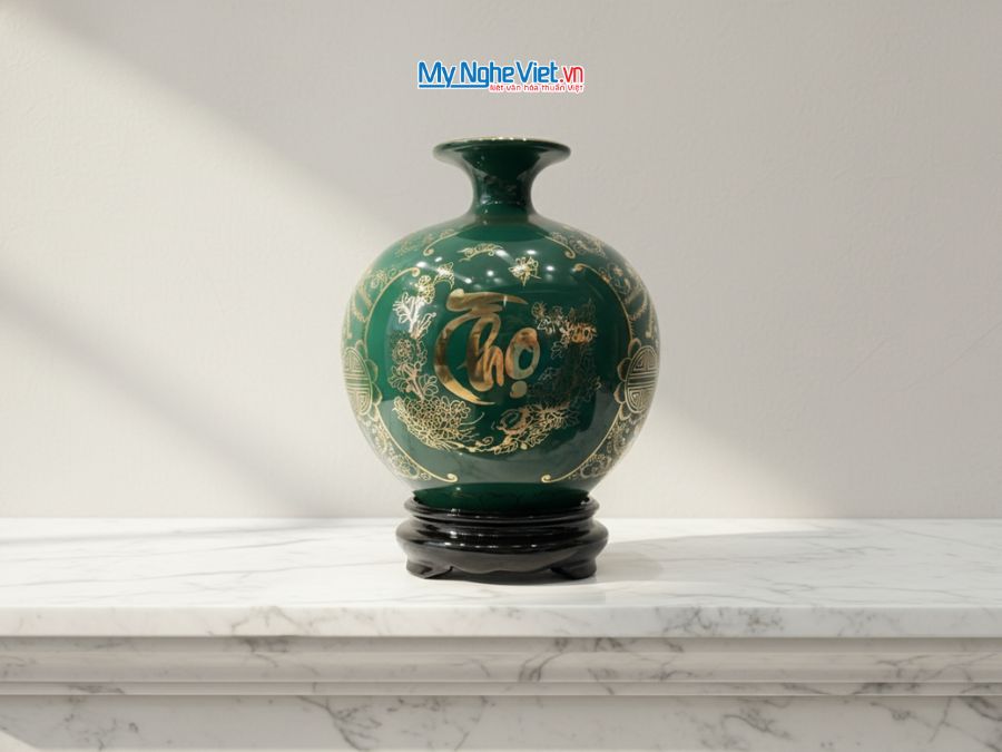 Bình Hút Tài Lộc Vẽ Tam Cảnh Phúc Lộc Thọ Nền Xanh H22cm MNV-HBT22/2